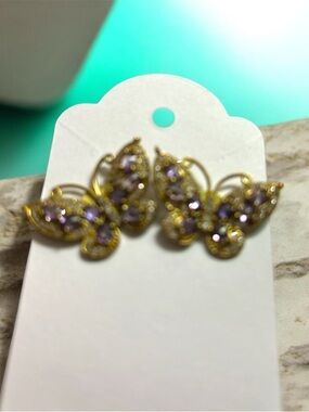 Gold Floral Ear Climbers with Lavender Crystals